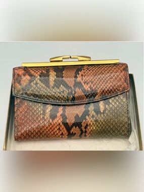 Vintage Bosca PYTHON Leather Gold Tone Clutch Wallet w/Original Box Made in USA